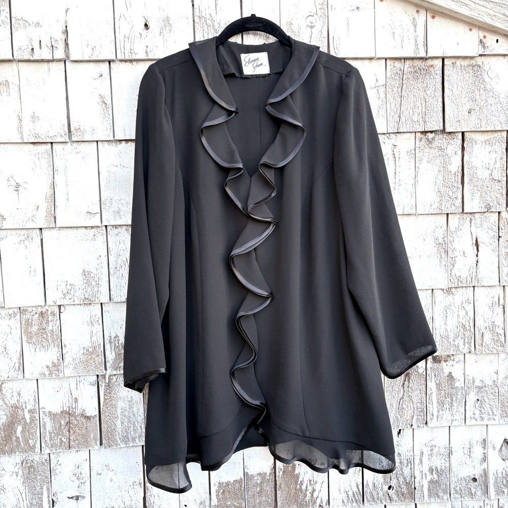 Eleanor Schain Elegant Women’s Black Ruffle Trim Blouse Sz.L